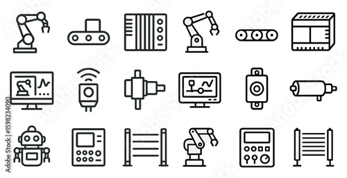 Industrial technology line icons set – automation, robotics, tech symbols