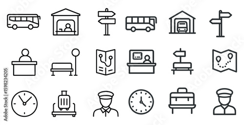 Public transportation outline icons set – line, travel, commuting symbols