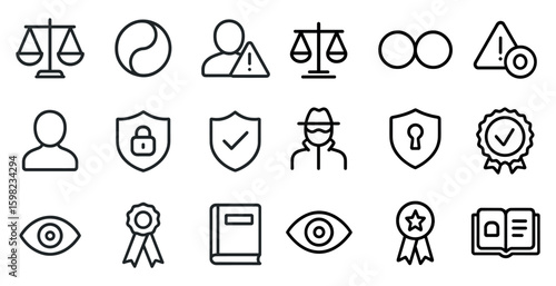 Law and security icons set – outline, line, justice and protection symbols