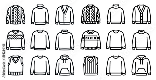 Winter clothing outline icons set – linear, fashion, apparel, wardrobe symbols