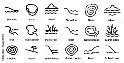 Shoreline and natural formations icons set – outline, linear, water and coast symbols