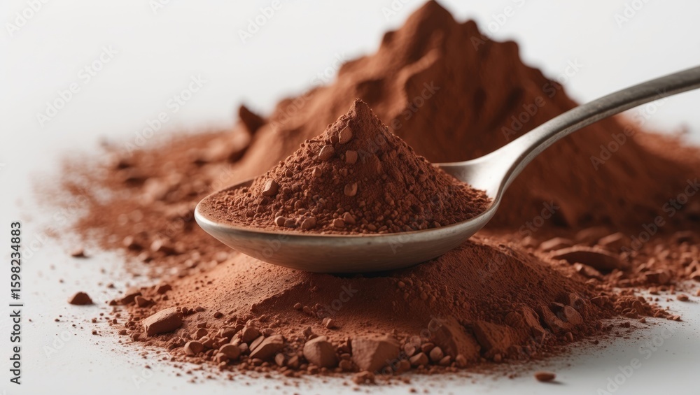 Close-up of cocoa powder on a spoon with some scattered on a white surface. Close-up of cocoa powder on a spoon with some scattered on a white surface.