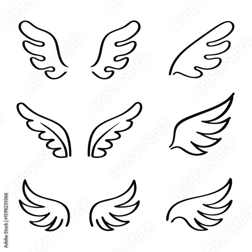 Collection of nine hand drawn black angel wing outlines on a white background bird feather