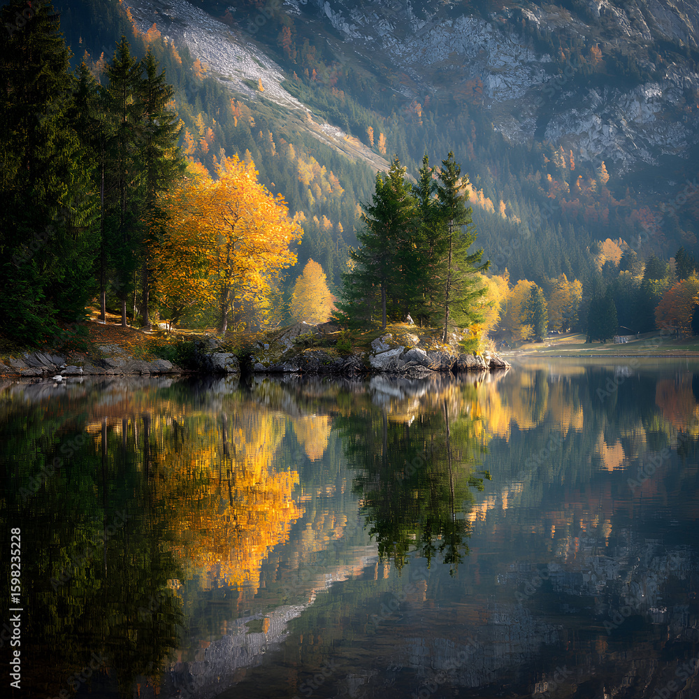 Fototapeta premium Tranquil Lake Surrounded by Vibrant Autumn Foliage Reflecting in Serene Mountain Landscape