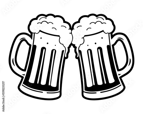 Two frothy beer mugs clinking together silhouette