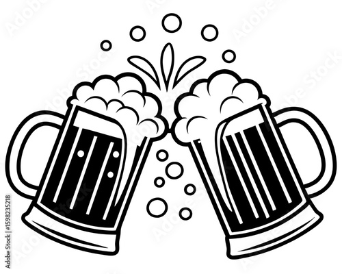Two beer mugs clinking together with foam and bubbles silhouette