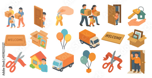 Moving house isometric icons set – 3d, relocation, home moving symbols collection