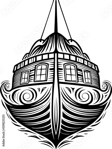 SVG Skeleton Ghost Port Cities in tattoo style. Vintage Decorative Illustration of a Classic Wooden Boat Design