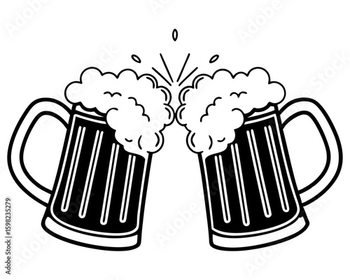 Two beer mugs clinking together toast silhouette