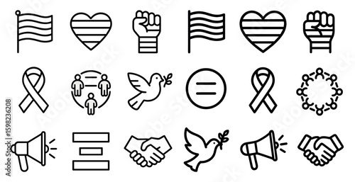 Peace and unity outline icons set – line, linear, harmony and solidarity symbols