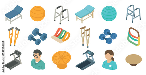 Healthcare and fitness isometric icons set – 3d, gym, medical symbols