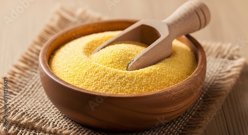 Wooden bowl of cornmeal with scoop on burlap