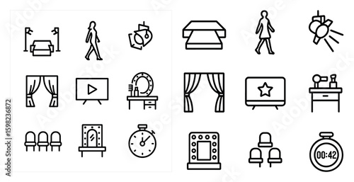 Theater and acting outline icons set – performance, drama, stage symbols