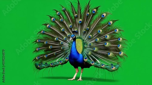 Elegant peacock displays vibrant plumage against a green screen backdrop for striking visual appeal