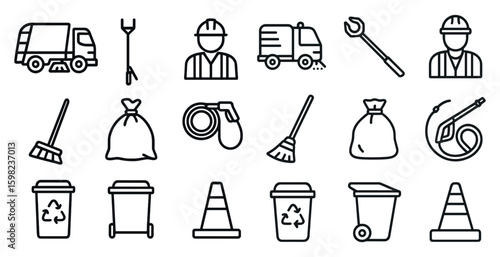 Waste management line icons set – outline, recycling, sanitation graphics