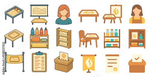 Art workshop icons set – flat, filled, creative studio and painting symbols