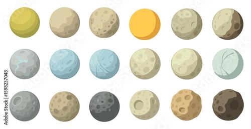 Planetary bodies flat icons set – celestial, space, cosmic symbols for design