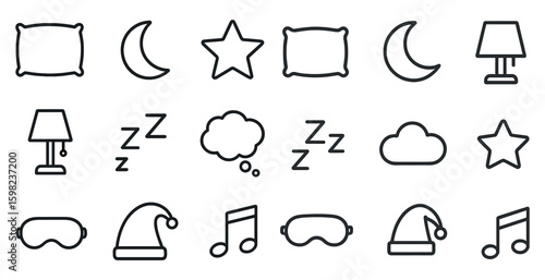 Sleep and relaxation outline icons set – linear, minimalist bedtime symbols