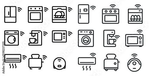 Smart home appliances outline icons set – connected, kitchen, household gadgets