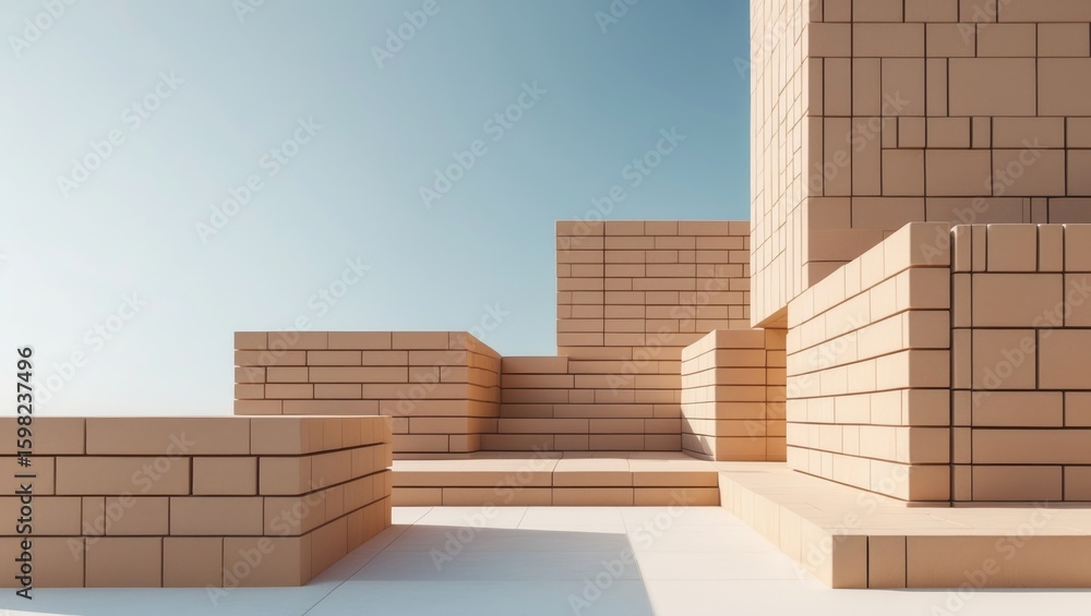 Fototapeta premium A modern architectural scene with brick structures and stairs, featuring clean lines and geometric shapes.