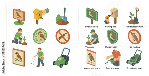 Wildlife conservation icons set – isometric, habitat protection, eco-friendly symbols
