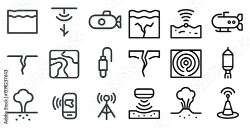 Earthquakes and seismic outline icons set – line, linear, geology and tectonic symbols