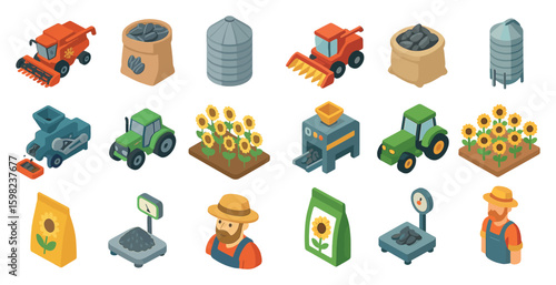 Farm and agriculture isometric icons set – crops, machinery, rural life graphics