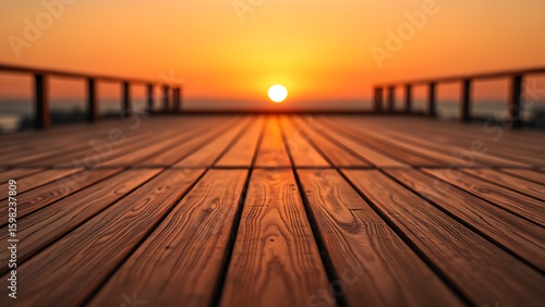 A wooden deck stretches toward the horizon, bathed in warm sunset light with a soft glow.