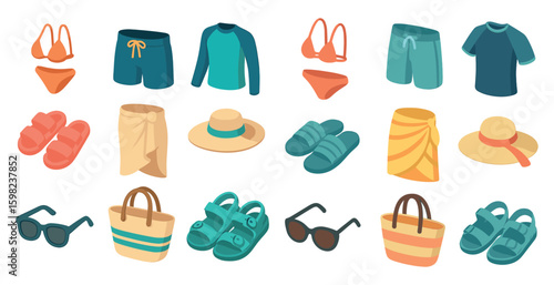 Beach and swimwear 3d icons set – summer, vacation, beachwear symbols