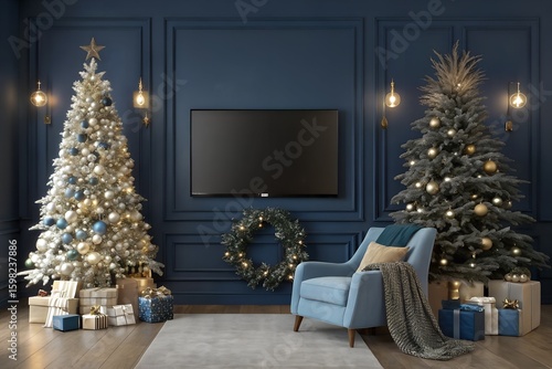 Modern Christmas living room interior with a blank TV screen mockup