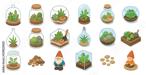 Terrarium and garden 3d icons set – isometric, filled, plant and greenery symbols