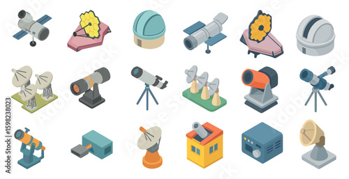 Space exploration icons set in isometric style – telescope, astronomy, satellite symbols