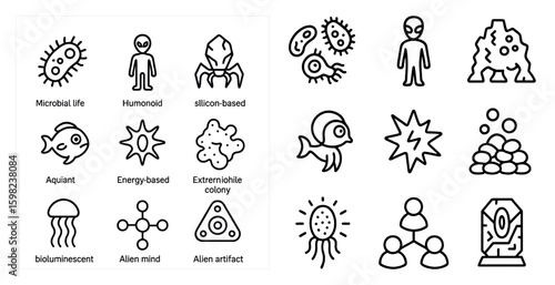 Alien and microbial life outline icons set – linear, extraterrestrial, science symbols