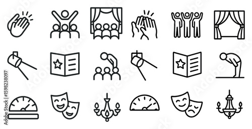 Theater and performance icons set – outline, linear, drama and stage symbols
