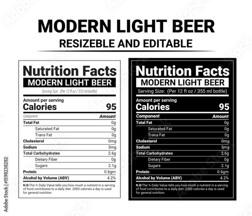Editable Beer Nutrition Label Template, Light Lager Style