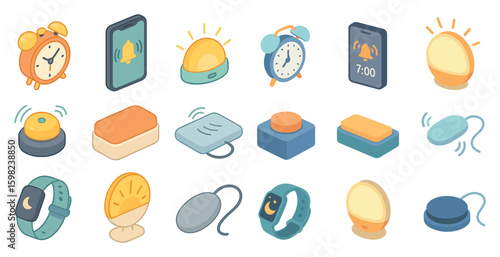 Alarm and time notification icons set – isometric, 3d, alert and reminder symbols