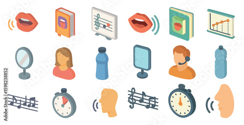 Communication and sound isometric icons set – speech, voice, audio symbols