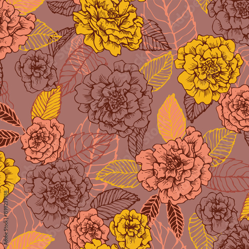 Floral Illustration with Marigolds and Leaves