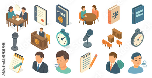 Legal and professional isometric icons set – office, business, law and contract visuals
