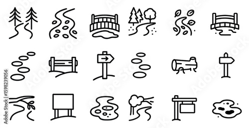Nature and outdoors icons set – outline, linear, park and environment symbols