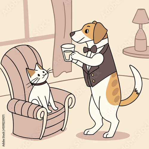 Dog Serving Drink to Cat in Armchair with Domestic Scene