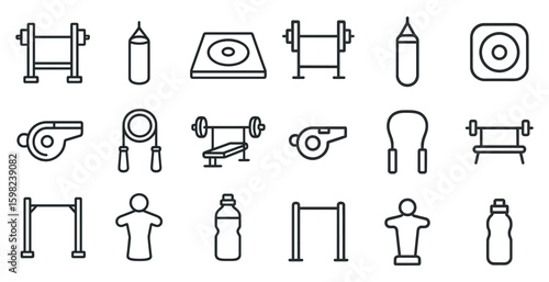 Gym and fitness outline icons set – workout, exercise, training symbols