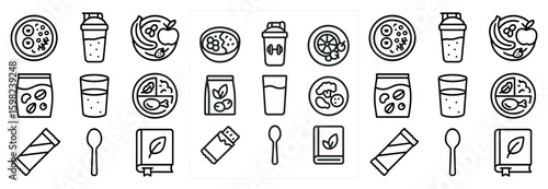 Breakfast and nutrition outline icons set – line, healthy, food and diet symbols