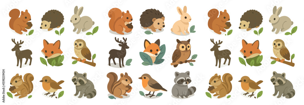 Fototapeta premium Woodland animals flat icons set – cute, nature, wildlife symbols
