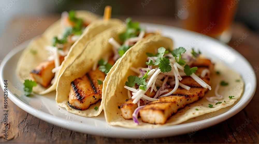 A close-up of three fresh grilled fish tacos topped with coleslaw and cilantro, served on a white plate. A close-up of three fresh grilled fish tacos topped with coleslaw and cilantro, served on a white plate.