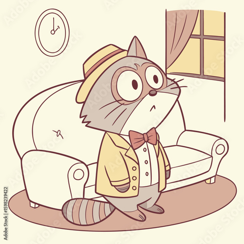 Dapper Cartoon Raccoon in Hat and Bow Tie Looking Up Indoors