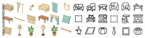 Home decor icons set – flat, outline, furniture and interior design symbols