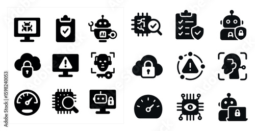 Cybersecurity and ai solid icons set – filled, secure and technology symbols