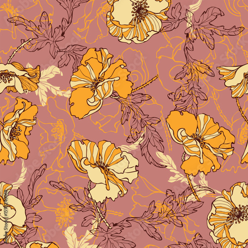 Floral Poppy Illustration in Retro Color Palette
