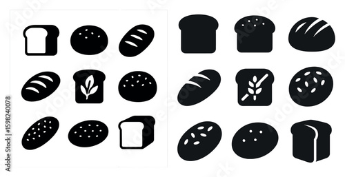 Bakery and bread icons set – silhouette, solid, pastry and baked goods symbols